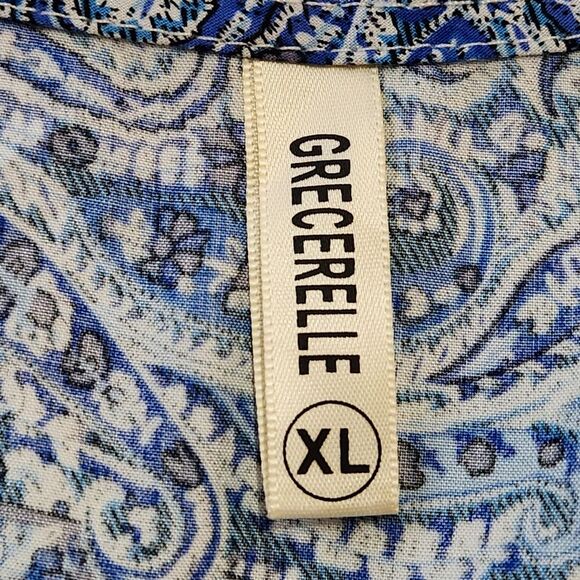 Grecerelle Hi Low Dress Faux Wrap Front Flutter Sleeve Blue Paisley Print XL - Picture 7 of 14